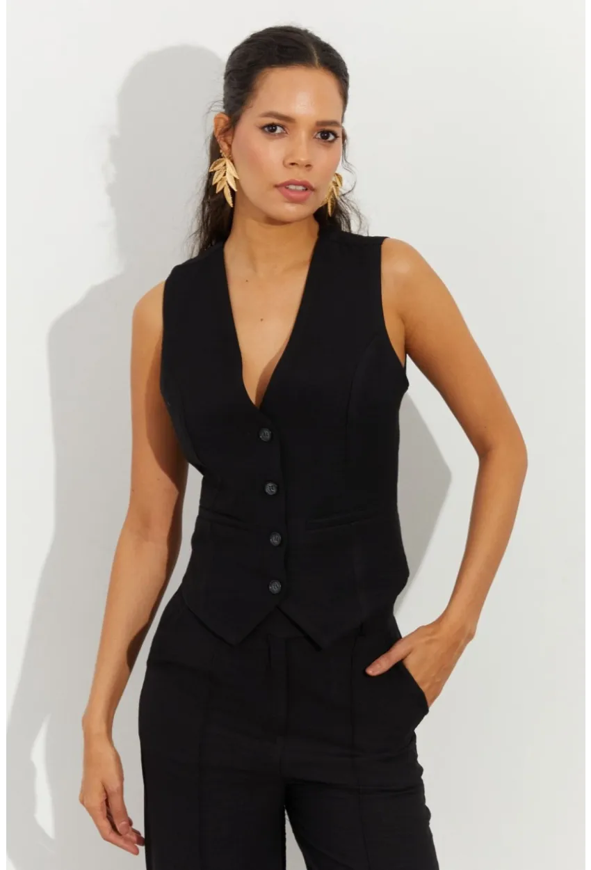 Kadın Siyah Keten Astarlı Yelek TW60046