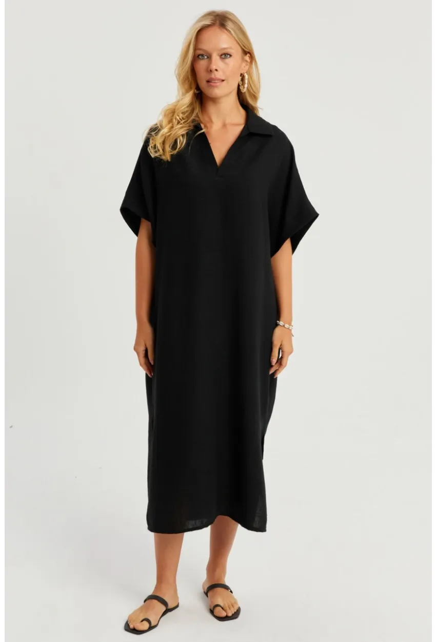 Kadın Siyah Keten Midi Elbise DMR85