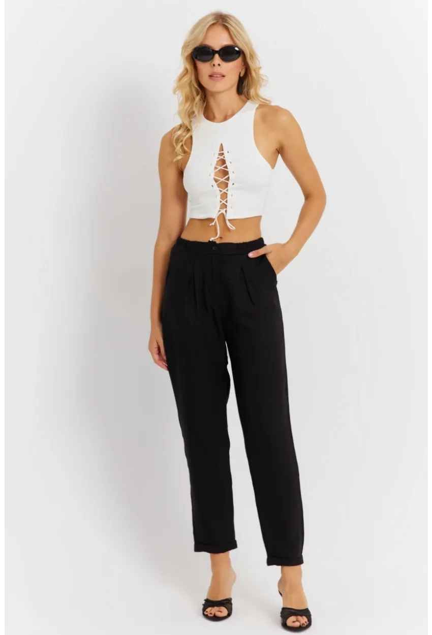 Kadın Siyah Keten Pantolon DMR340
