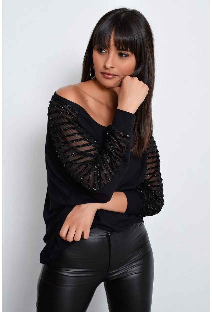 Kadın Siyah Kol Detaylı Bluz BK3027