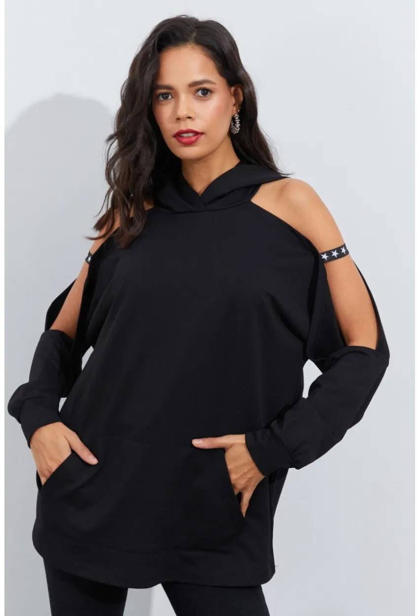 Kadın Siyah Kolları Açık Kapüşonlu Sweatshirt Yİ2356