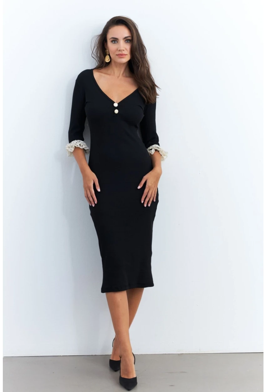 Kadın Siyah Kolları Dantel Detaylı Kaşkorse Midi Elbise EY2955