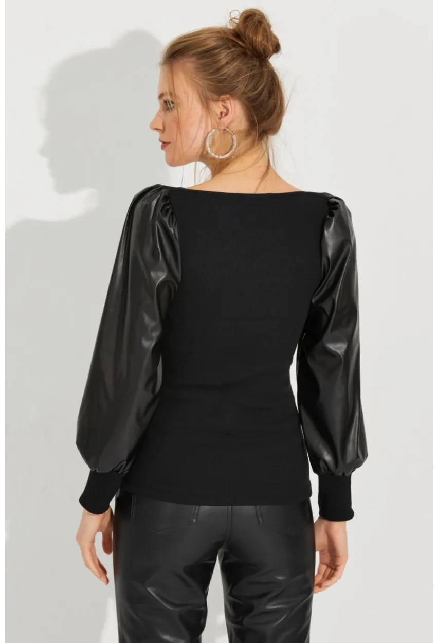 Kadın Siyah Kolları Deri Kaşkorse Bluz Yİ2494