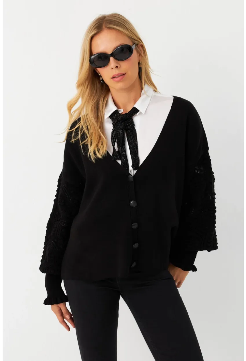 Kadın Siyah Kolları Örme Hırka MSE800