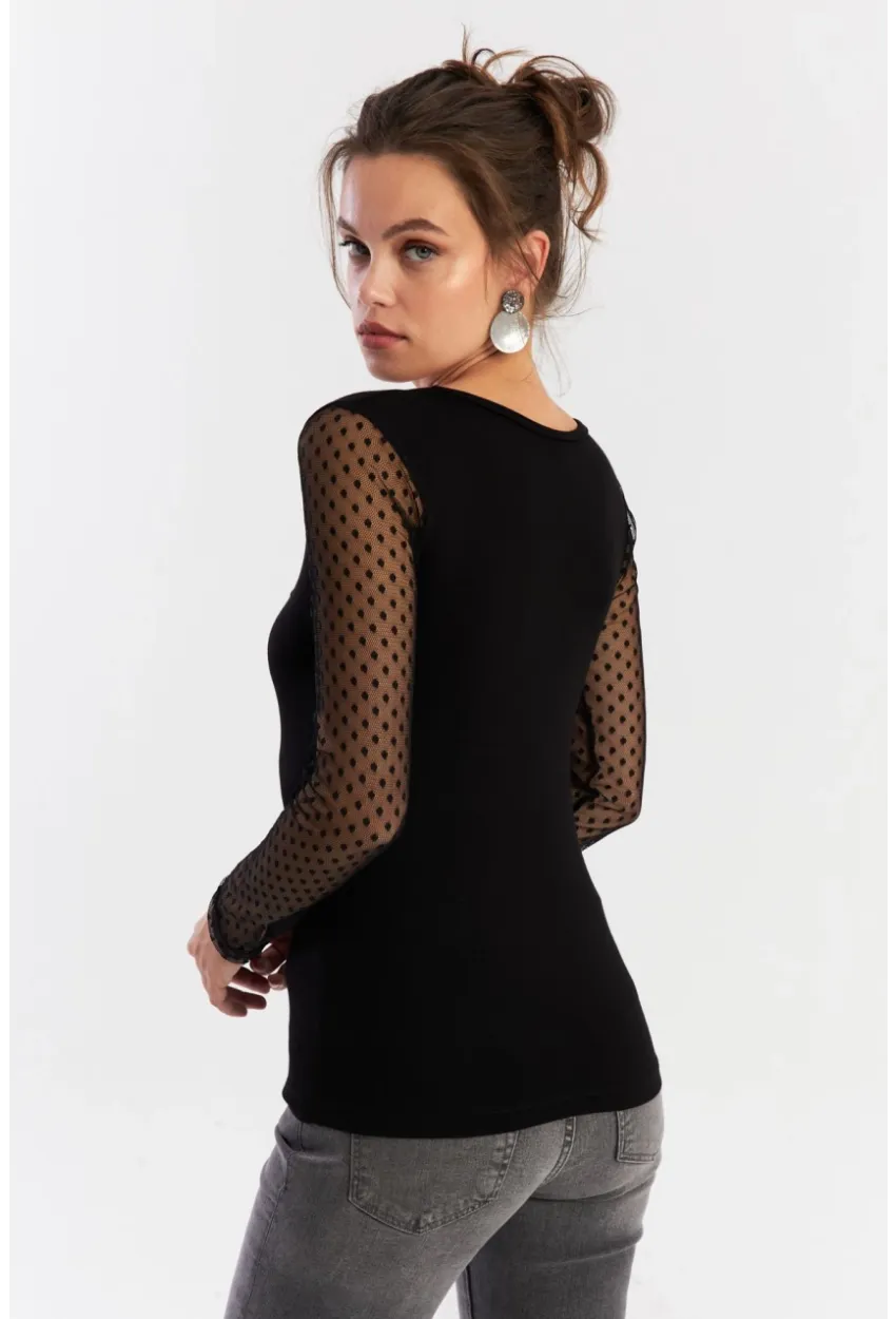Kadın Siyah Kolları Tül Bluz EY2917