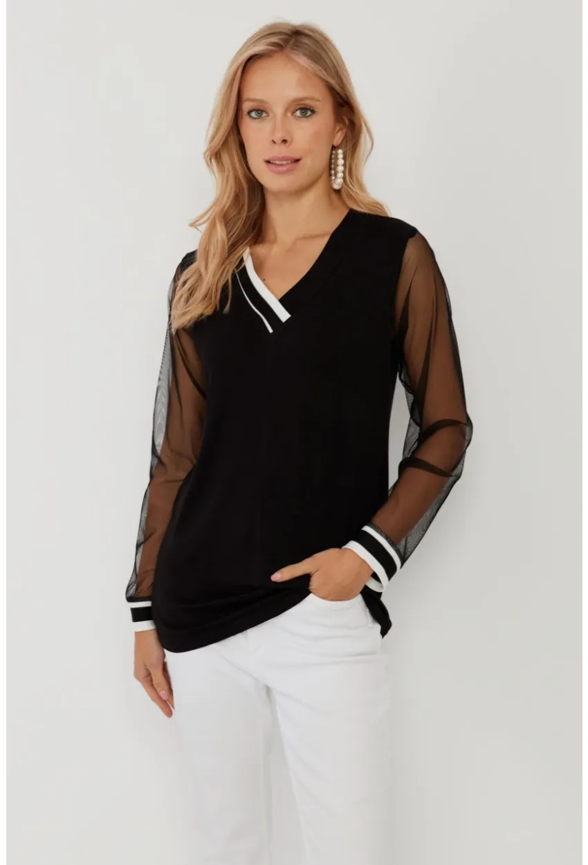 Kadın Siyah Kolları Tül Bluz ST832