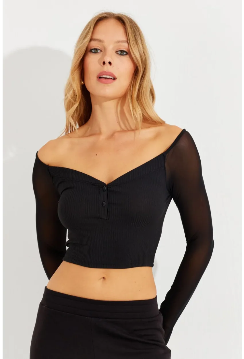Kadın Siyah Kolları Tül Crop Bluz CG315