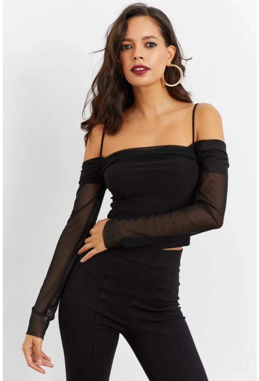 Kadın Siyah Kolları Tül Madonna Yaka Crop Bluz B1927