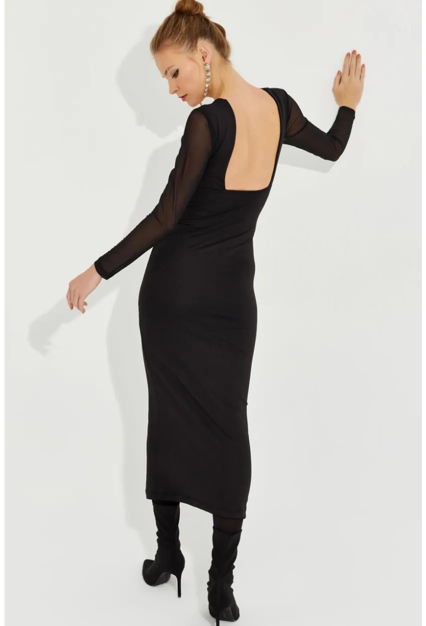 Kadın Siyah Kolları Tül Midi Elbise EY2599