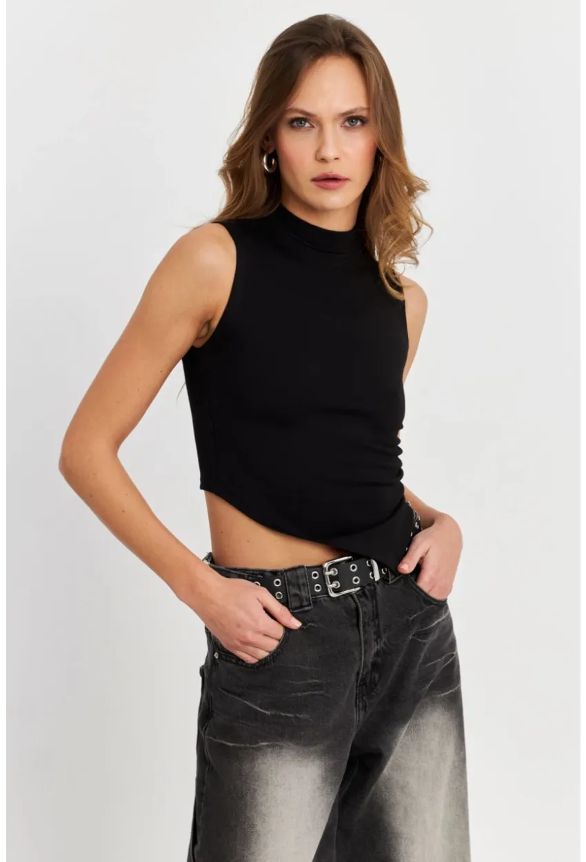 Kadın Siyah Kolsuz Crop Bluz ZH07