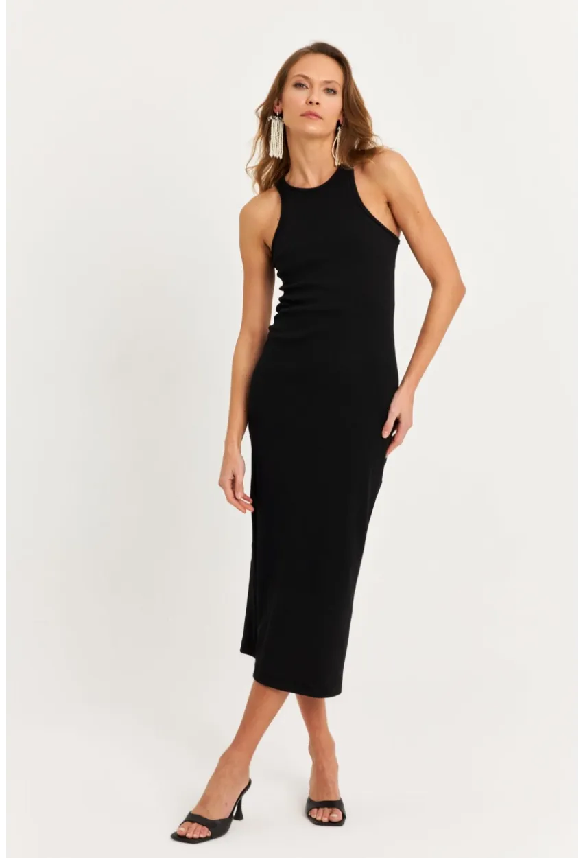 Kadın Siyah Kolsuz Kaşkorse Midi Elbise EY3049