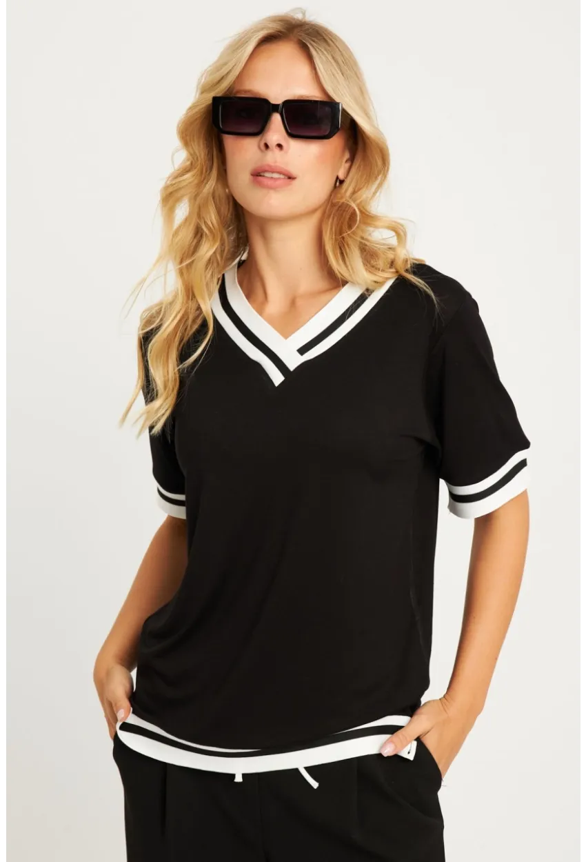 Kadın Siyah Kontrast Bluz ST836