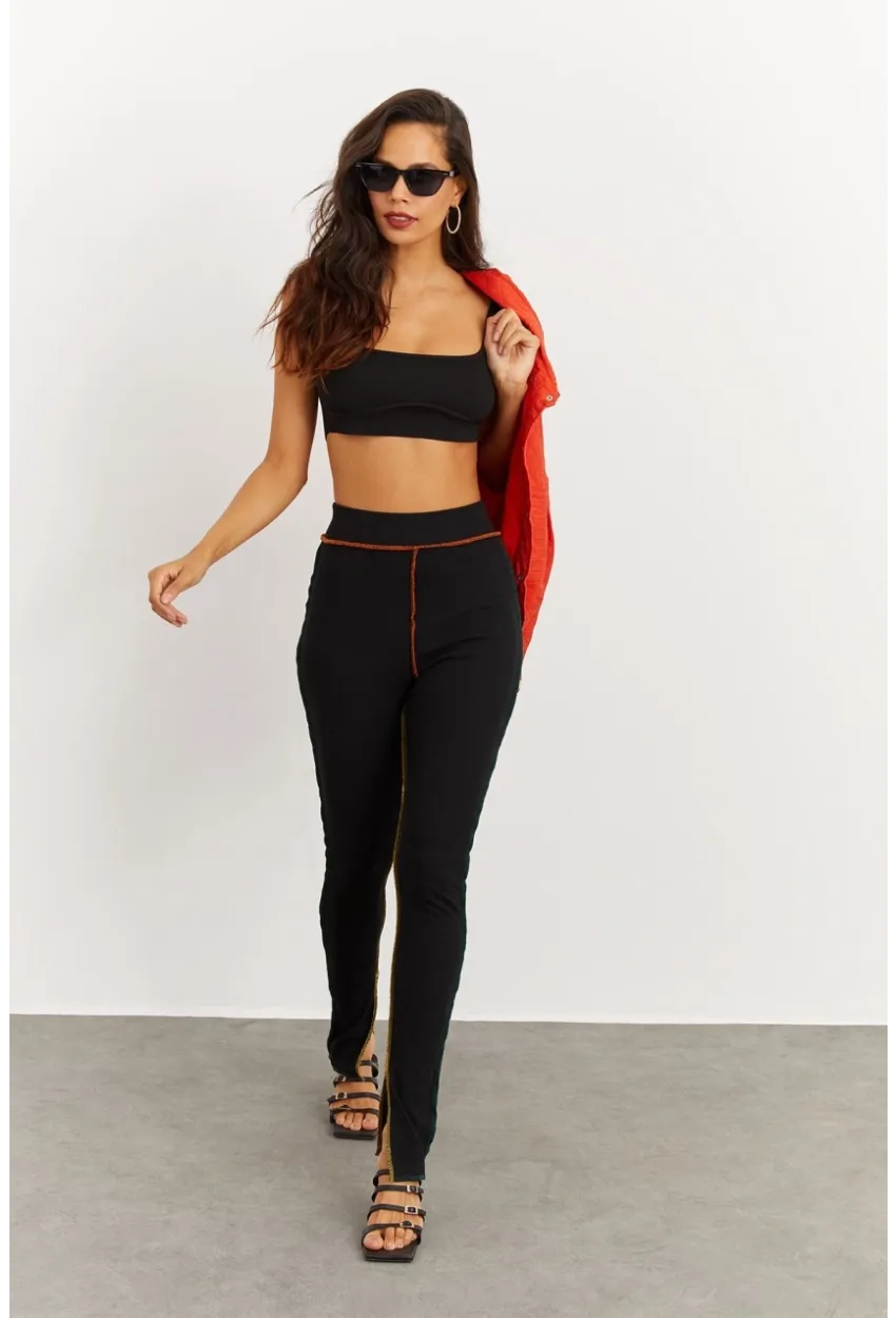 Kadın Siyah Kontrast Dikişli Kaşkorse Tayt B223