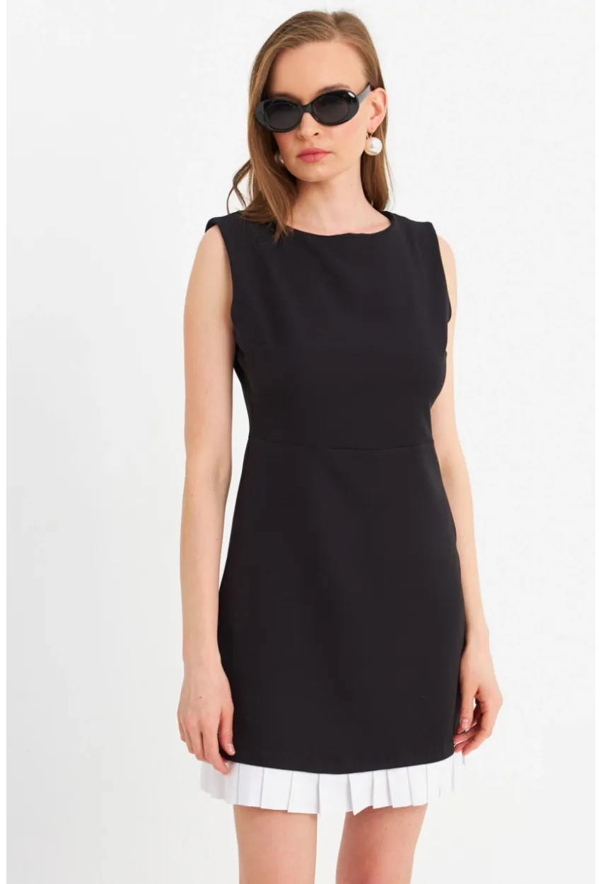Kadın Siyah Kontrast Pileli Mini Elbise FRY100