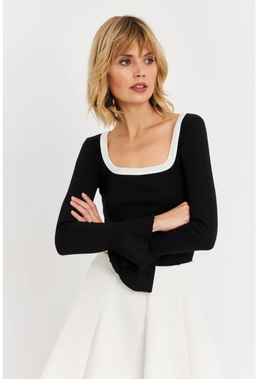 Kadın Siyah Kontrast Yaka İspanyol Kol Bluz ALB3105