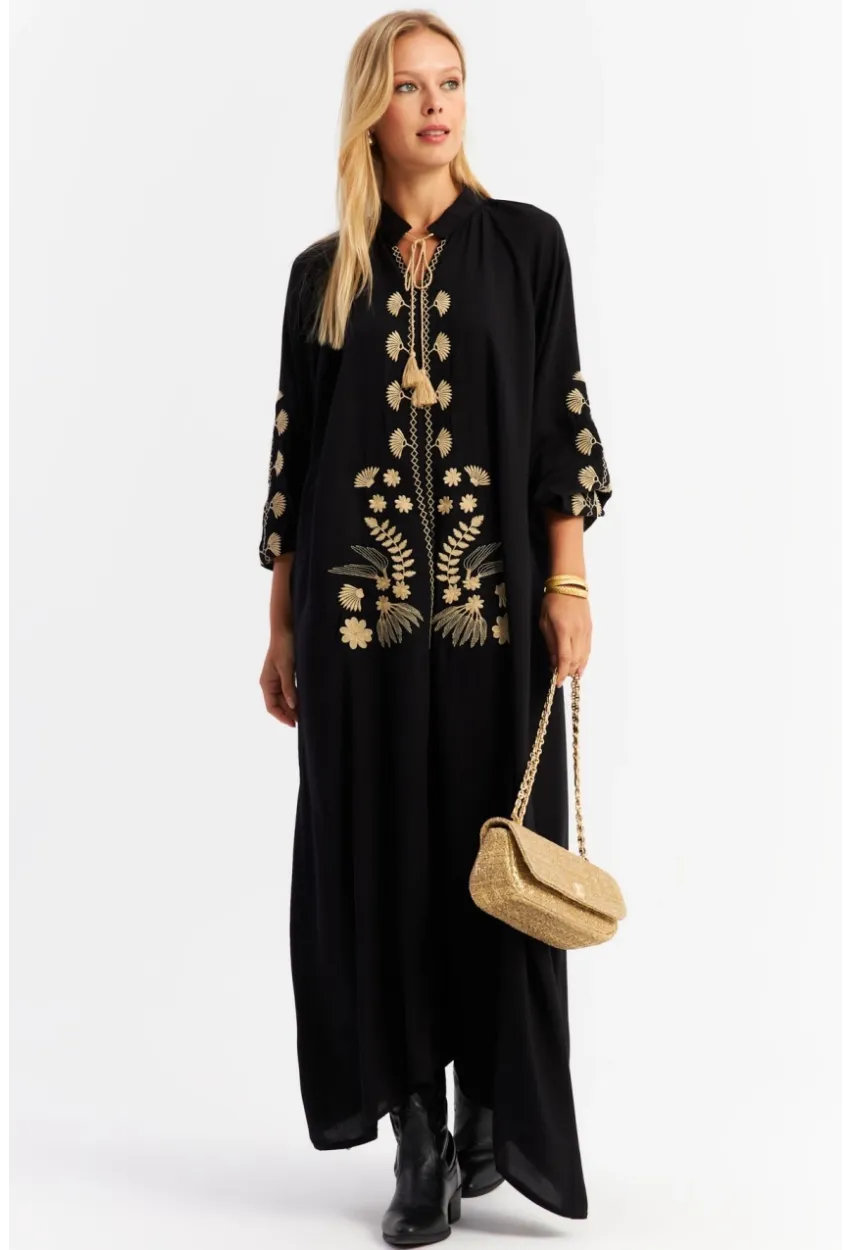 Kadın Siyah Kordon Detaylı Nakışlı Maxi Elbise MALO3