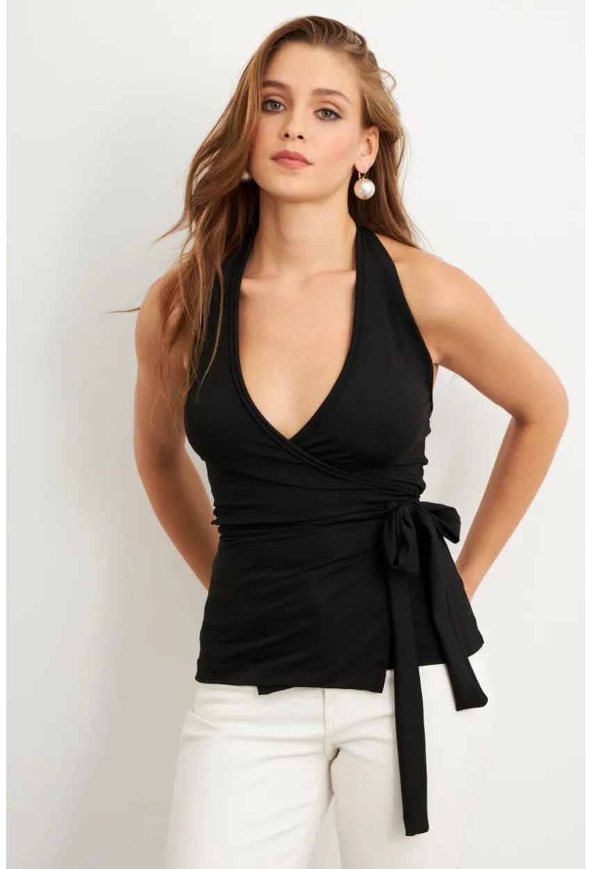 Kadın Siyah Kruvaze Bağlamalı Bluz EY3095
