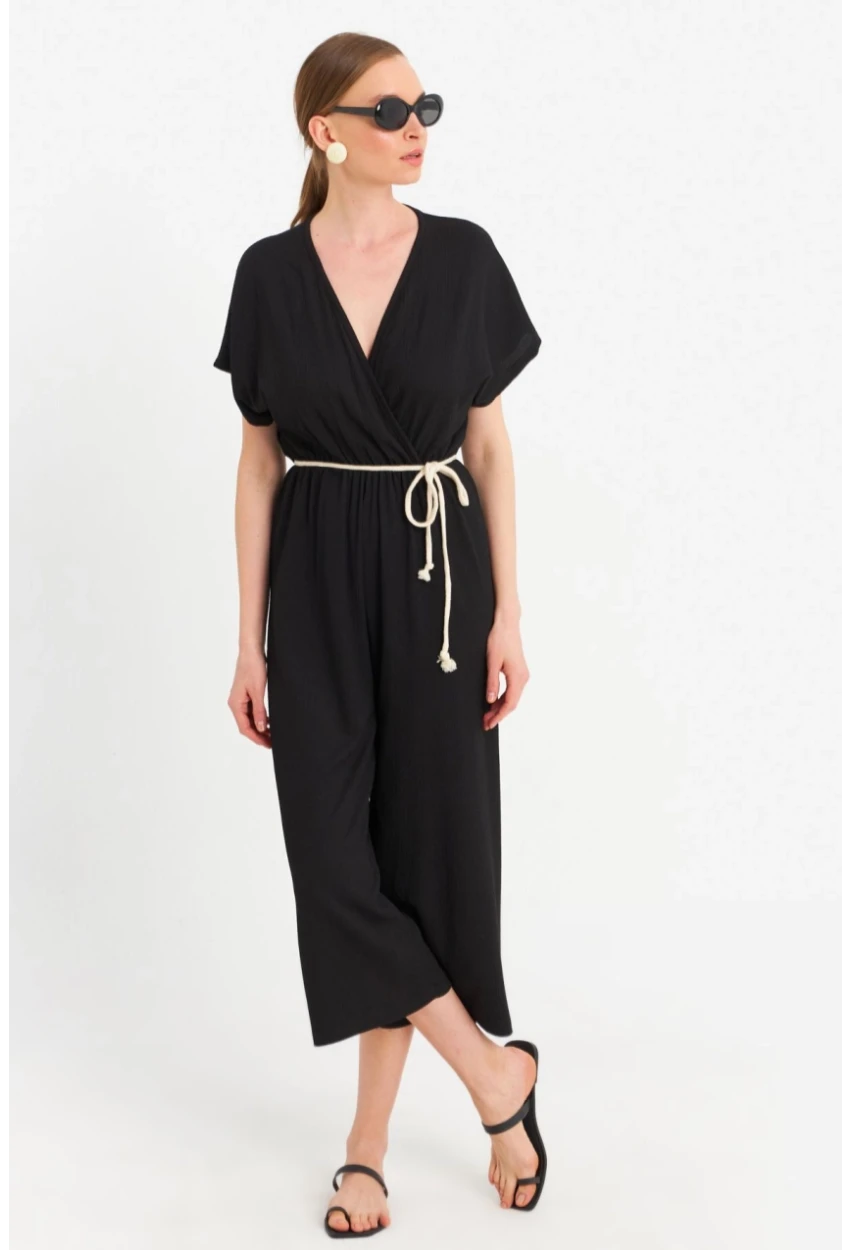 Kadın Siyah Kruvaze Bürümcük Tulum OR10007