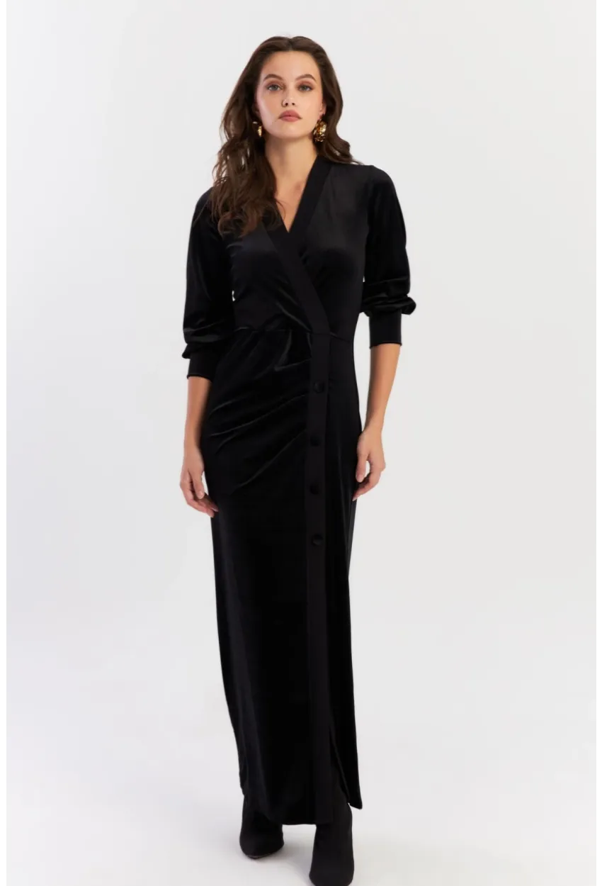 Kadın Siyah Kruvaze Büzgülü Kadife Maxi Elbise ALO1007-9