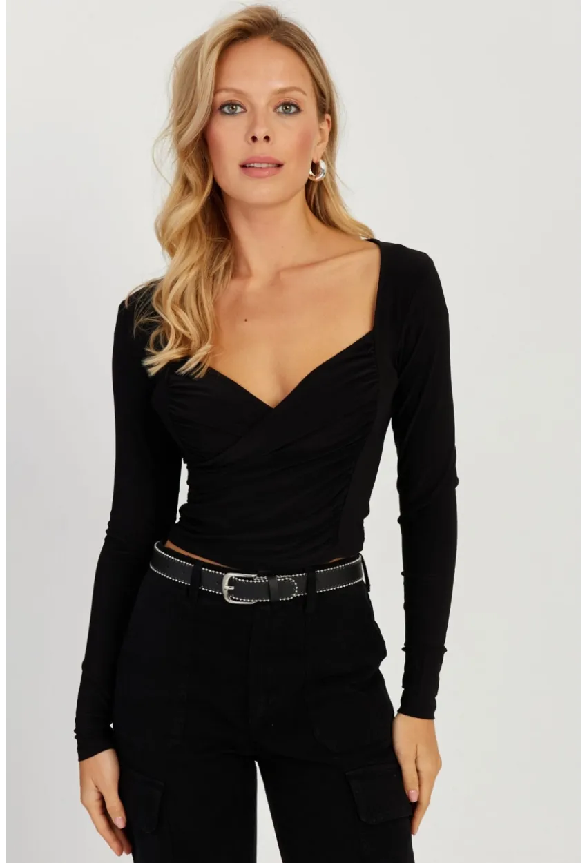 Kadın Siyah Kruvaze Crop Bluz LPP1252