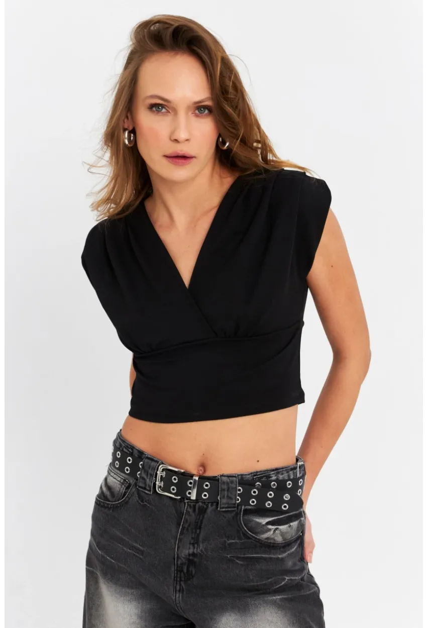Kadın Siyah Kruvaze Crop Bluz SDY1234