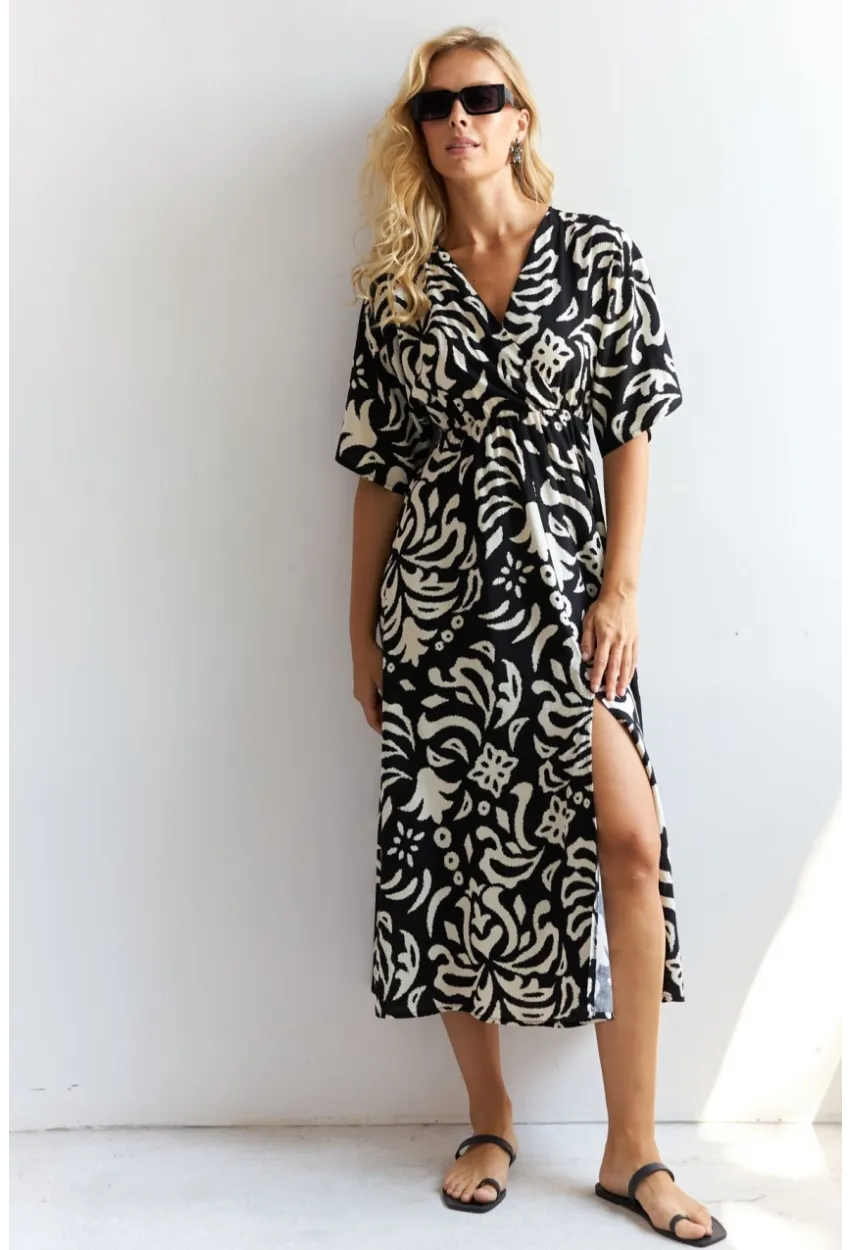 Kadın Siyah Kruvaze Desenli Midi Elbise YZ1152