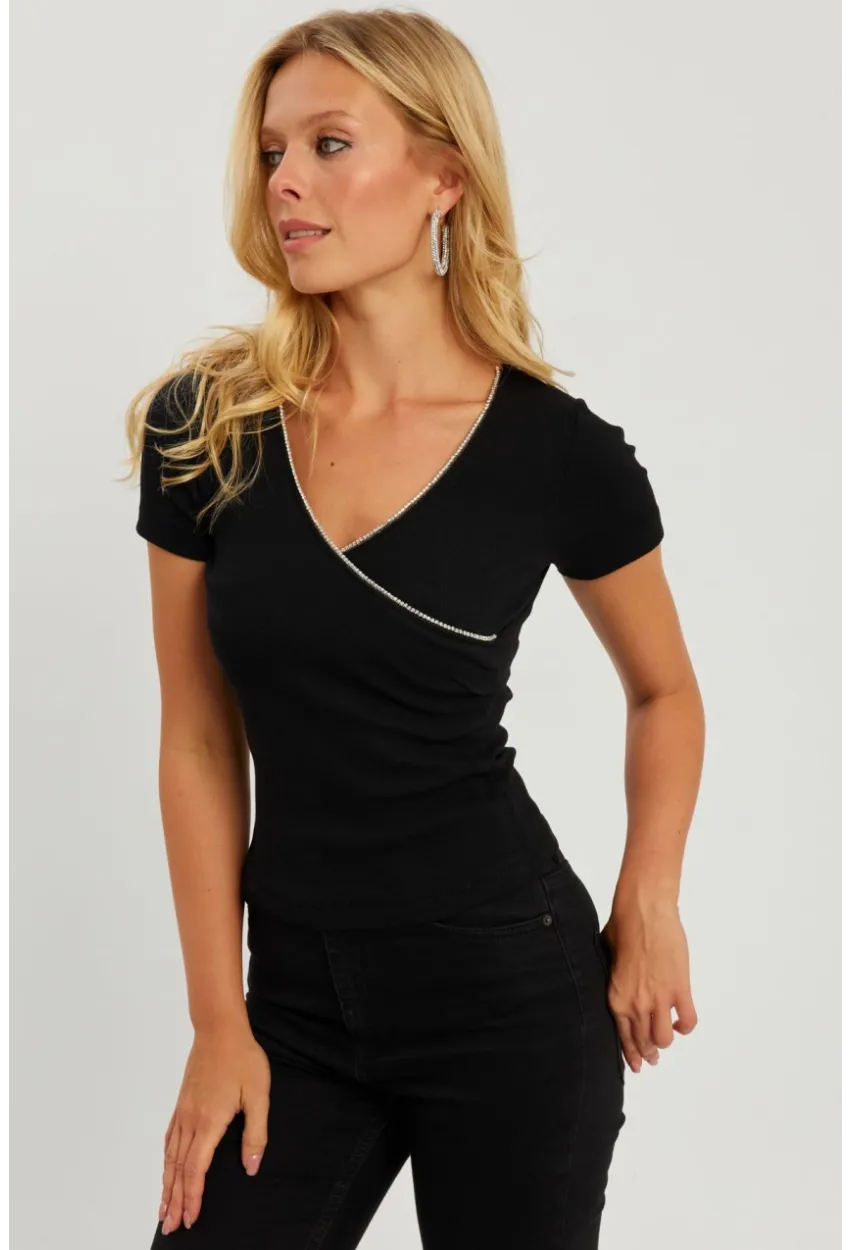 Kadın Siyah Kruvaze Kaşkorse Taşlı Bluz AYD306