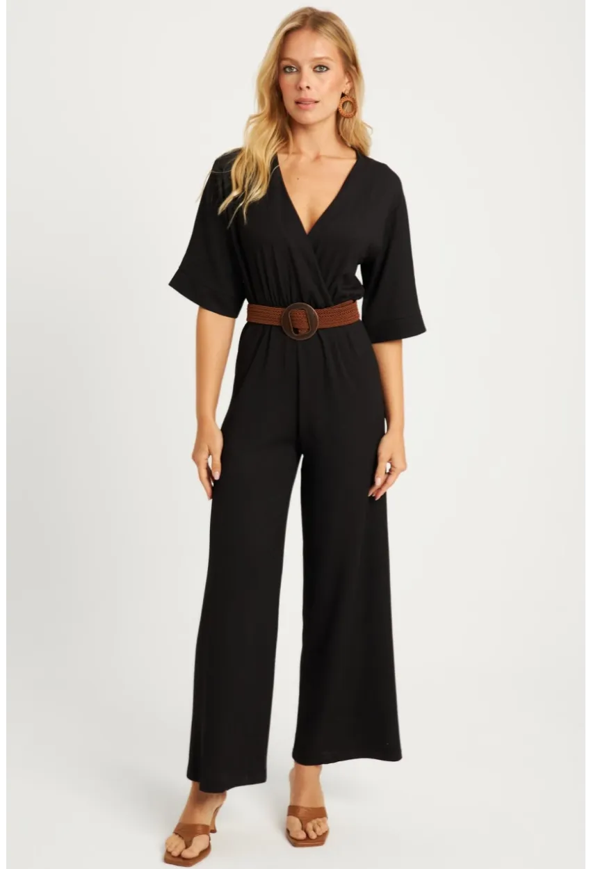 Kadın Siyah Kruvaze Kemerli Bürümcük Tulum XL2009