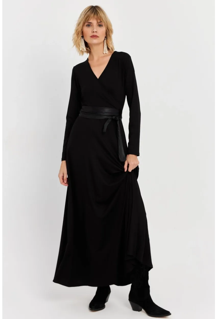 Kadın Siyah Kruvaze Maxi Elbise VTN3