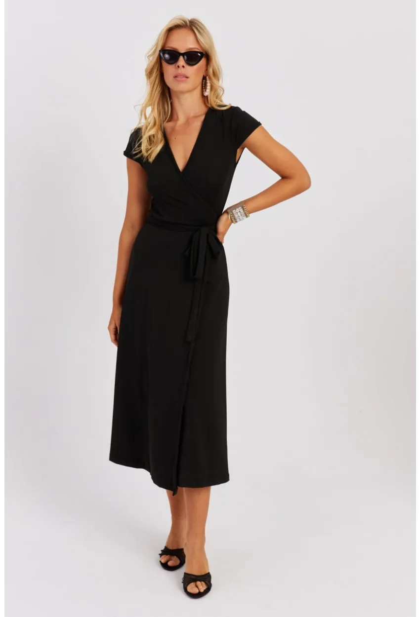 Kadın Siyah Kruvaze Midi Elbise EY2785