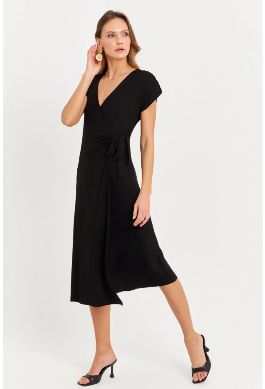 Kadın Siyah Kruvaze Midi Elbise EY3044
