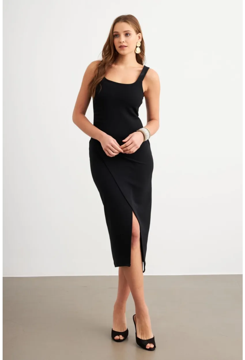 Kadın Siyah Kruvaze Midi Elbise LİT1096