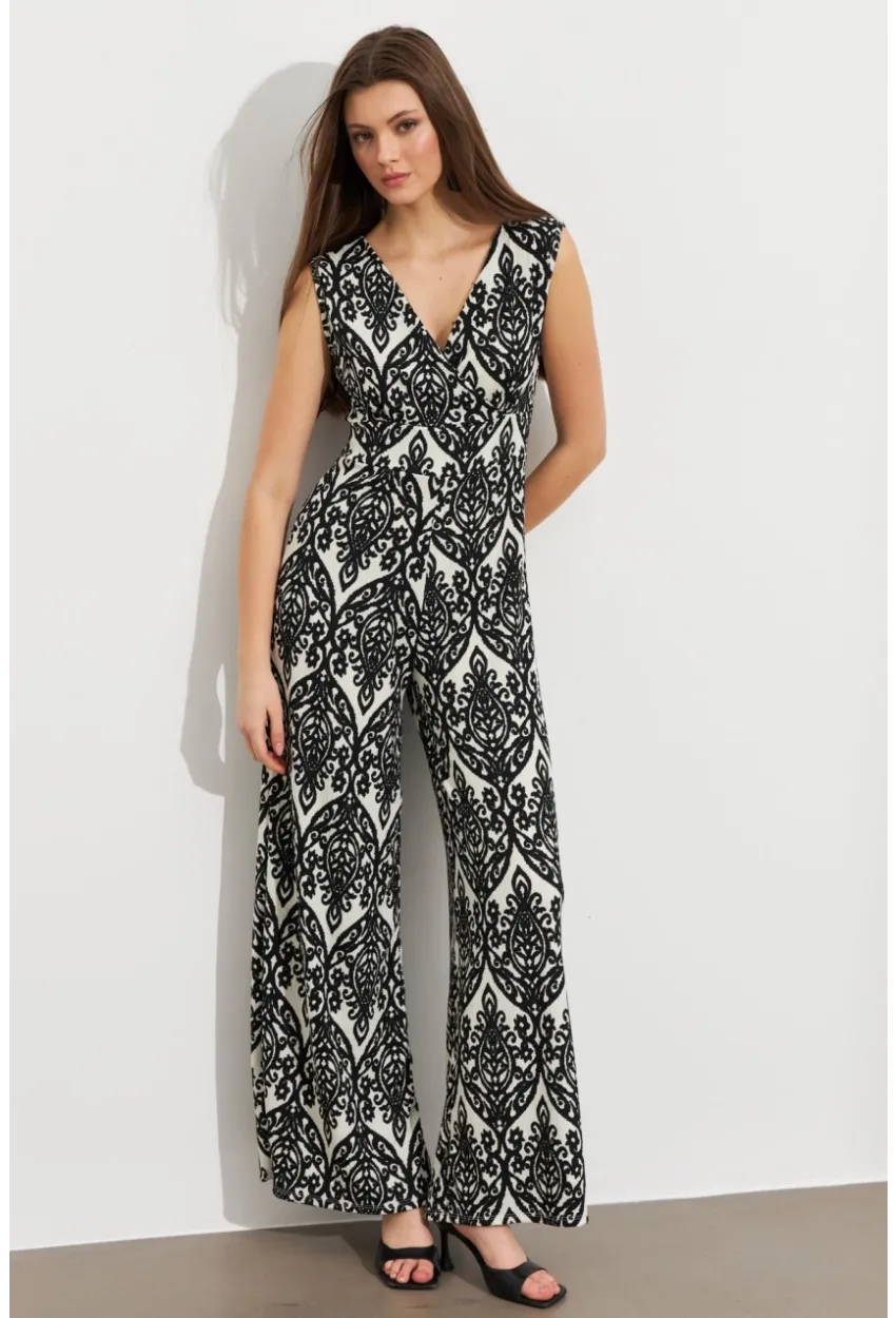 Kadın Siyah Kruvaze Yaka Desenli Bürümcük Tulum MP430