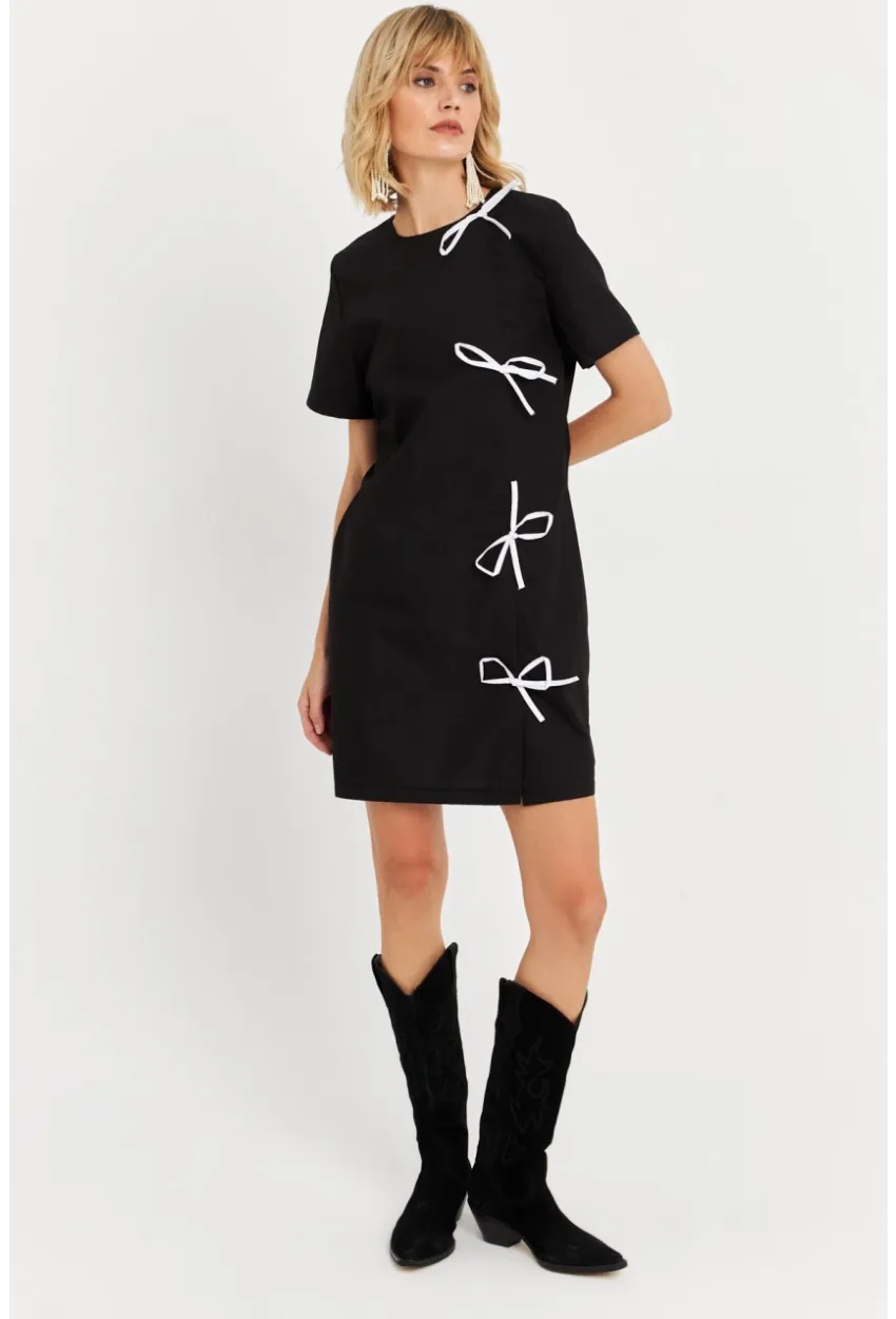 Kadın Siyah Kurdele Detaylı Mini Elbise DAF5025