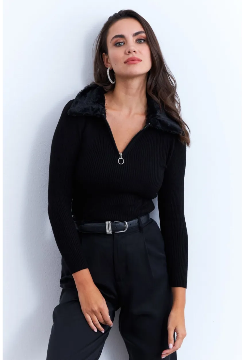 Kadın Siyah Kürk Yaka Bluz ELA115