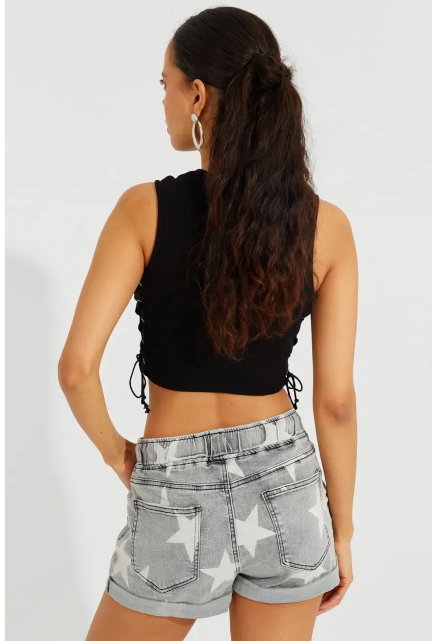 Kadın Siyah Kuş Gözlü Kısa Bluz B2527