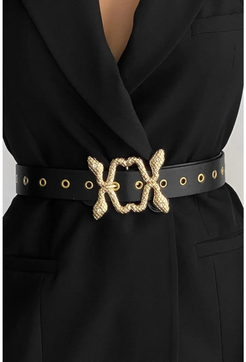 Kadın Siyah Kuş Gözlü Yılan Toka Kemer BE615