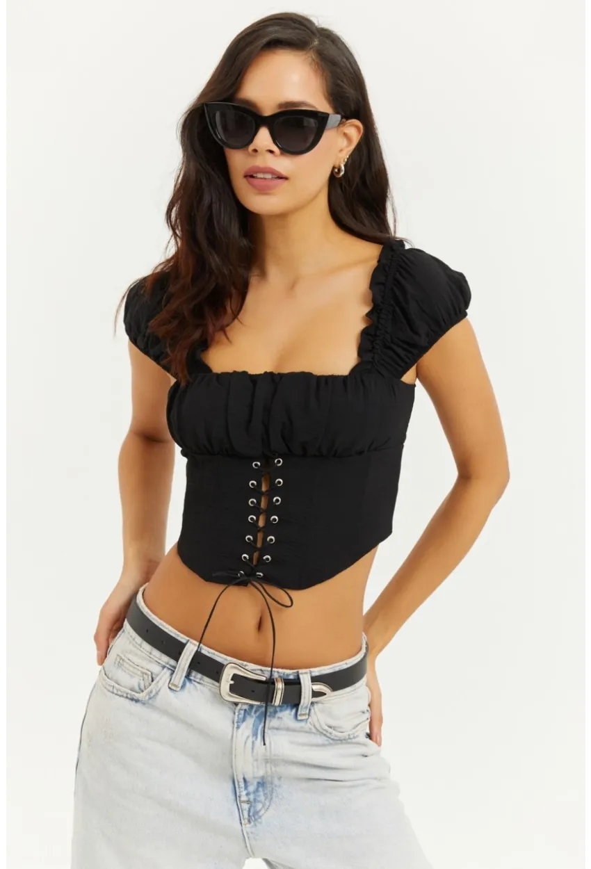 Kadın Siyah Kuşgözlü Crop Bluz YEL26