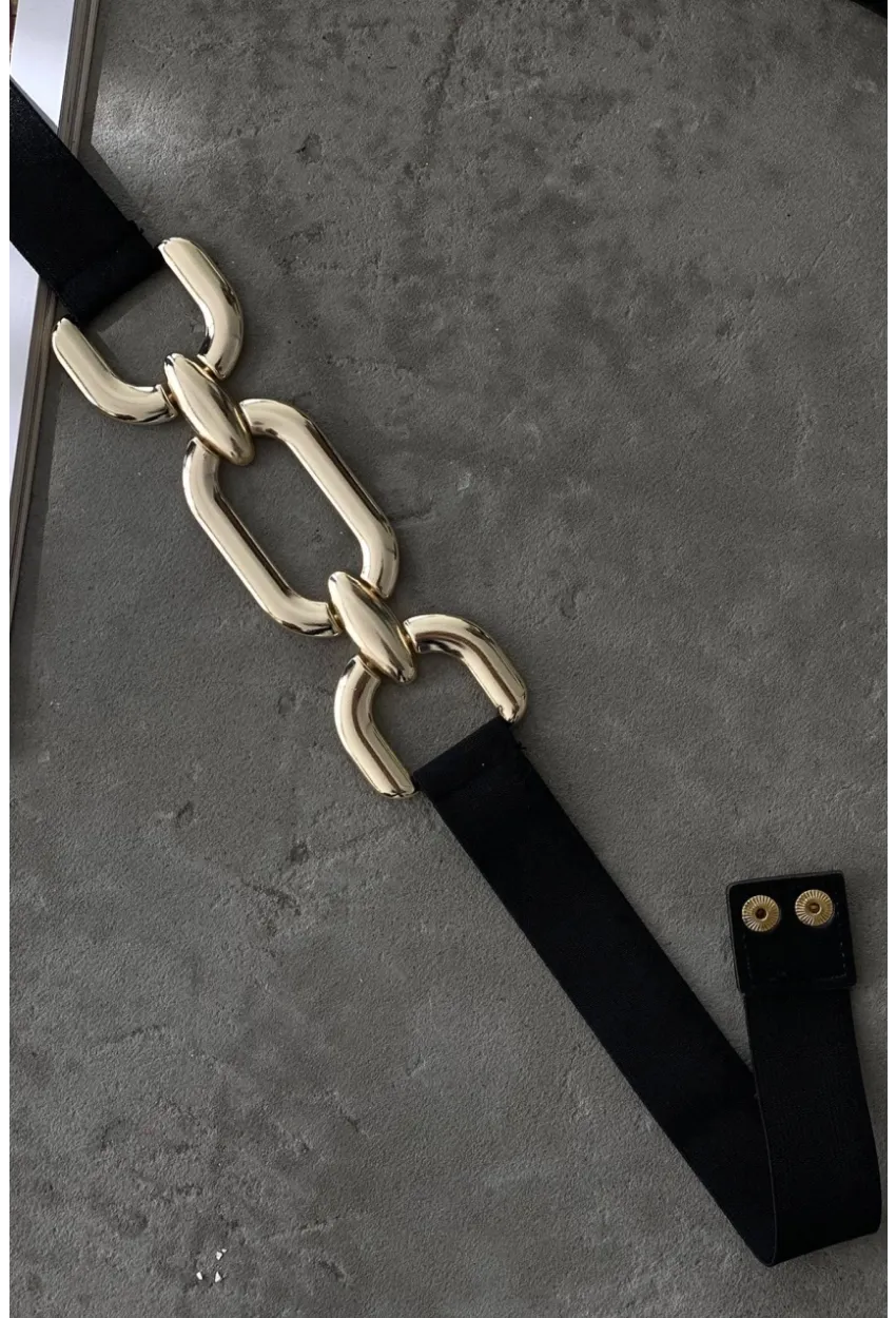 Kadın Siyah Lastikli Gold Tokalı Kemer BE663