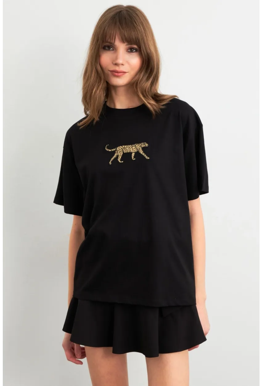 Kadın Siyah Leopar Baskılı T-Shirt RLO110