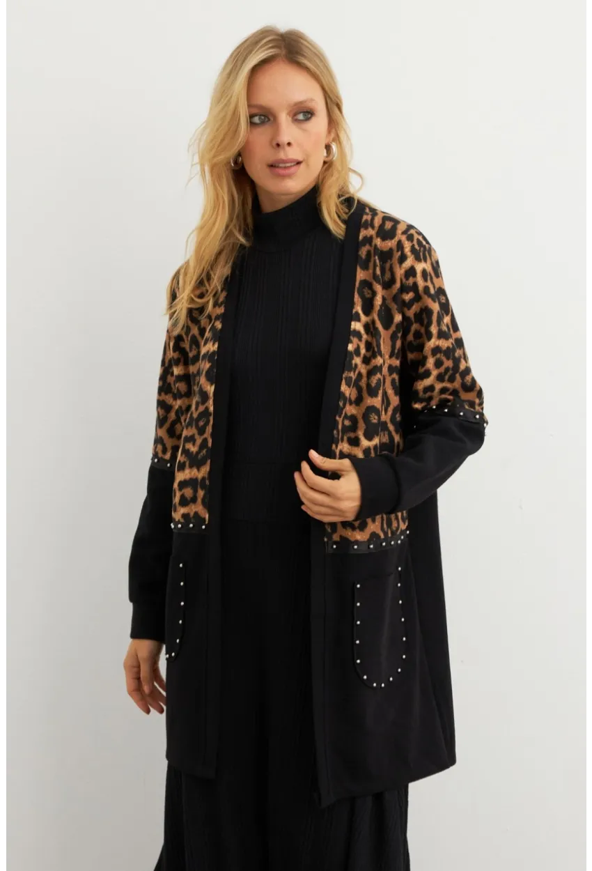 Kadın Siyah Leopar Bloklu Hırka MPK812