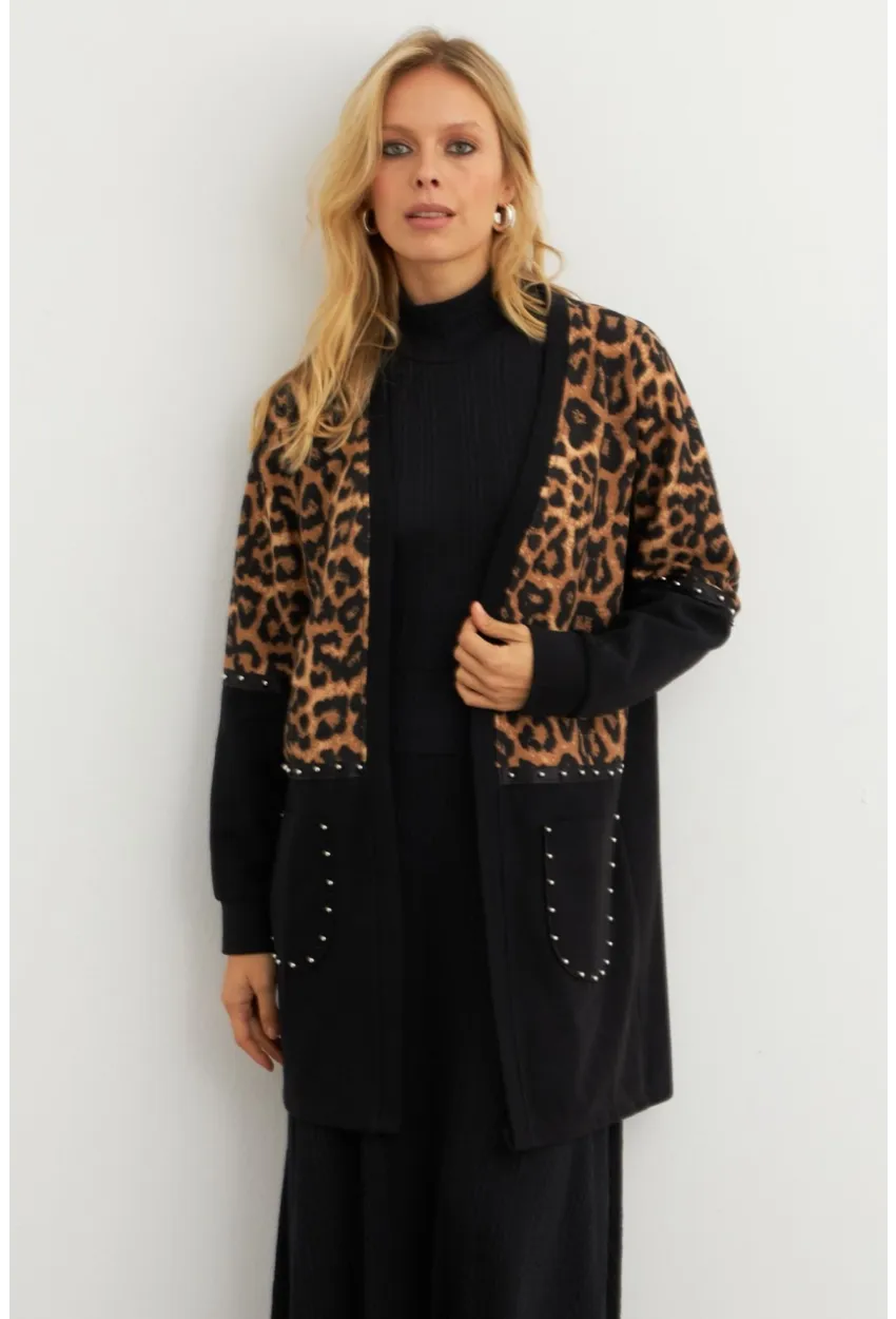Kadın Siyah Leopar Bloklu Hırka MPK812