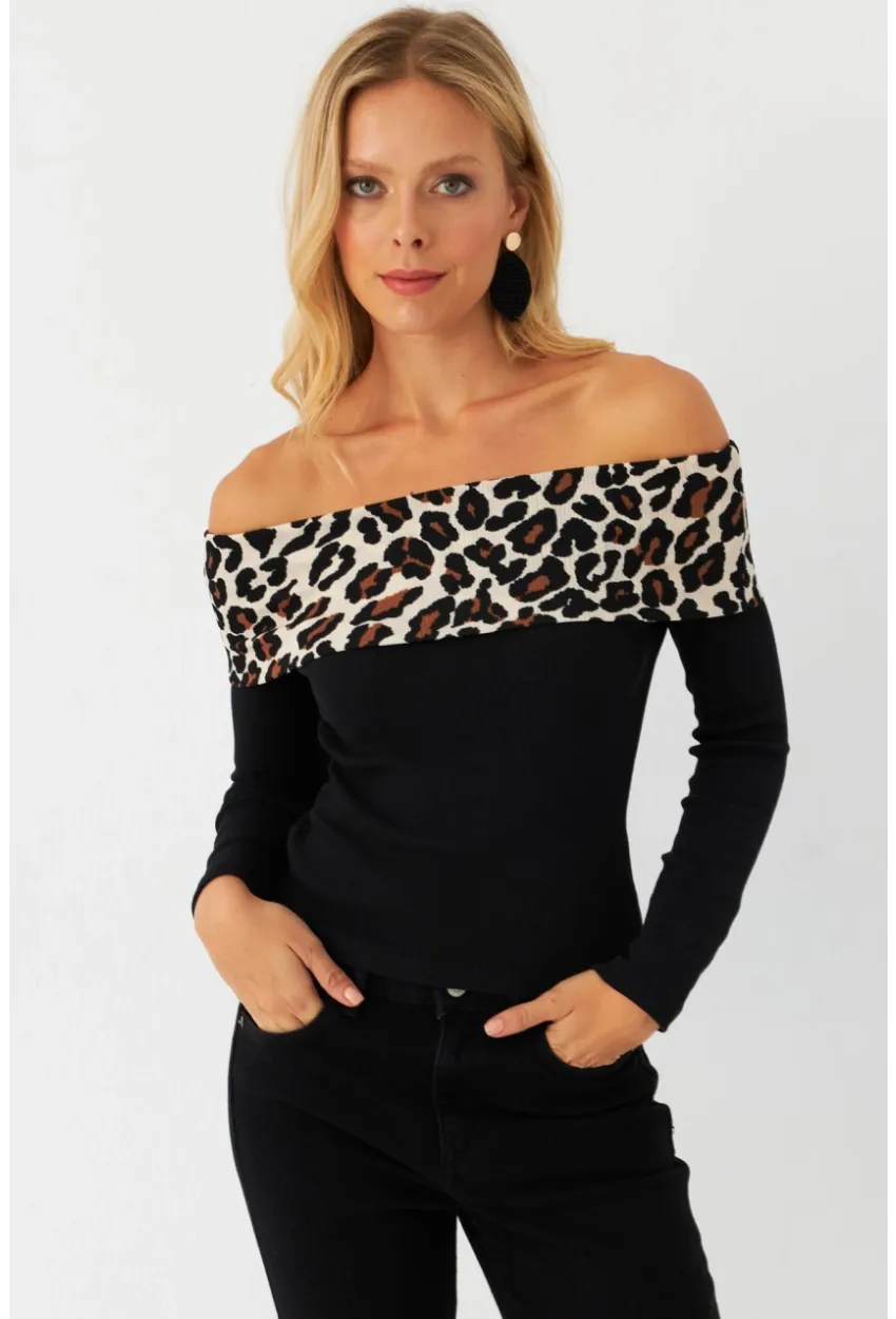 Kadın Siyah Leopar Bloklu Madonna Bluz AYD396