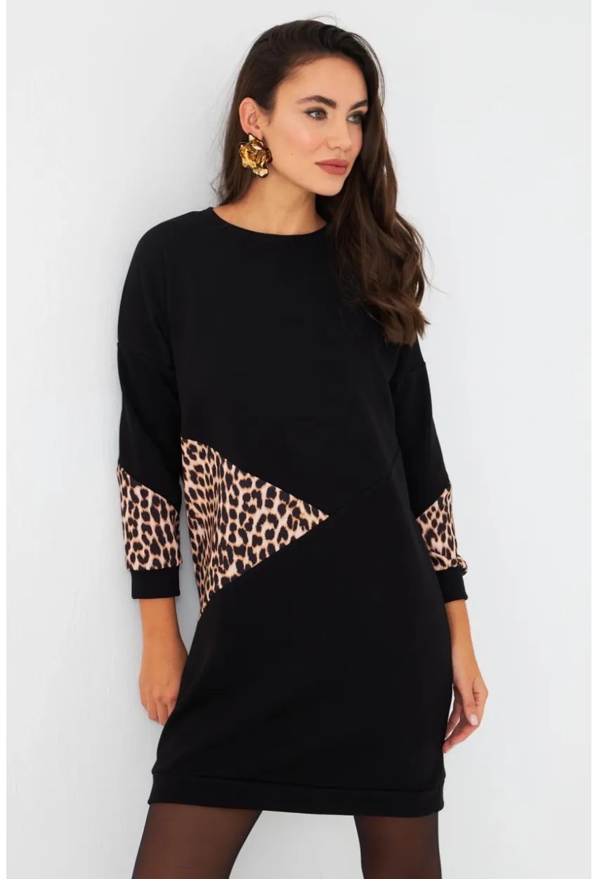 Kadın Siyah Leopar Desenli Mini Sweat Elbise ST145