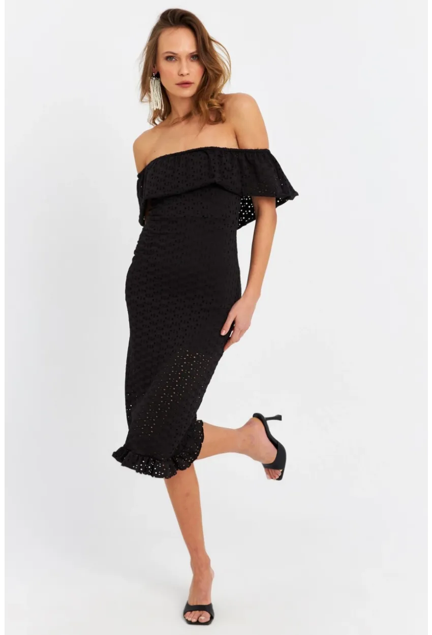 Kadın Siyah Madonna Yaka Astarlı Midi Elbise LİT105