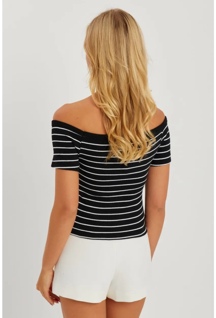 Kadın Siyah Madonna Yaka Çizgili Kaşkorse Bluz AYD311