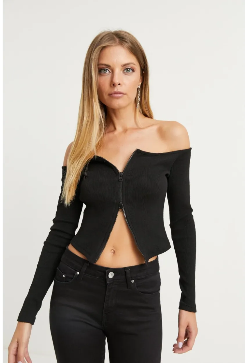 Kadın Siyah Madonna Yaka Fermuarlı Kaşkorse Bluz B1402