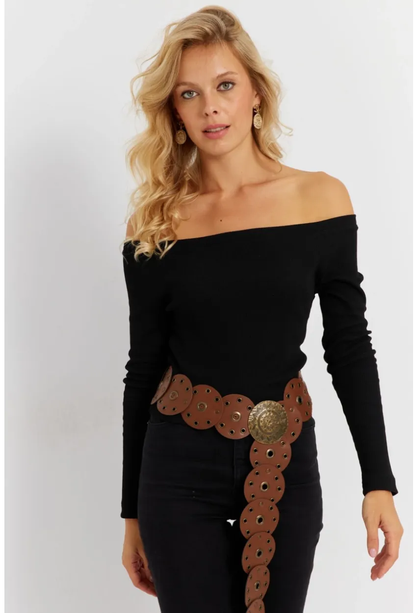 Kadın Siyah Madonna Yaka Kaşkorse Bluz EY2852