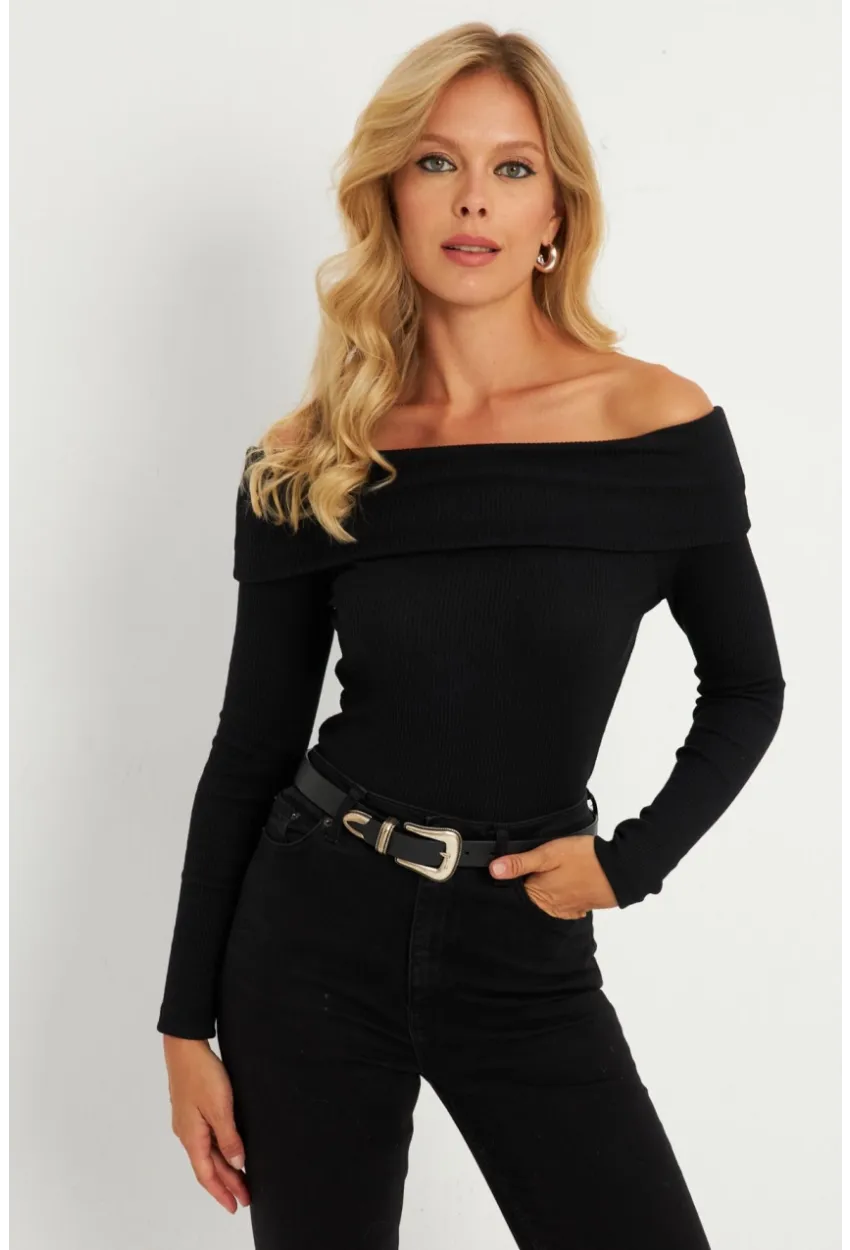 Kadın Siyah Madonna Yaka Kaşkorse Bluz XL2210