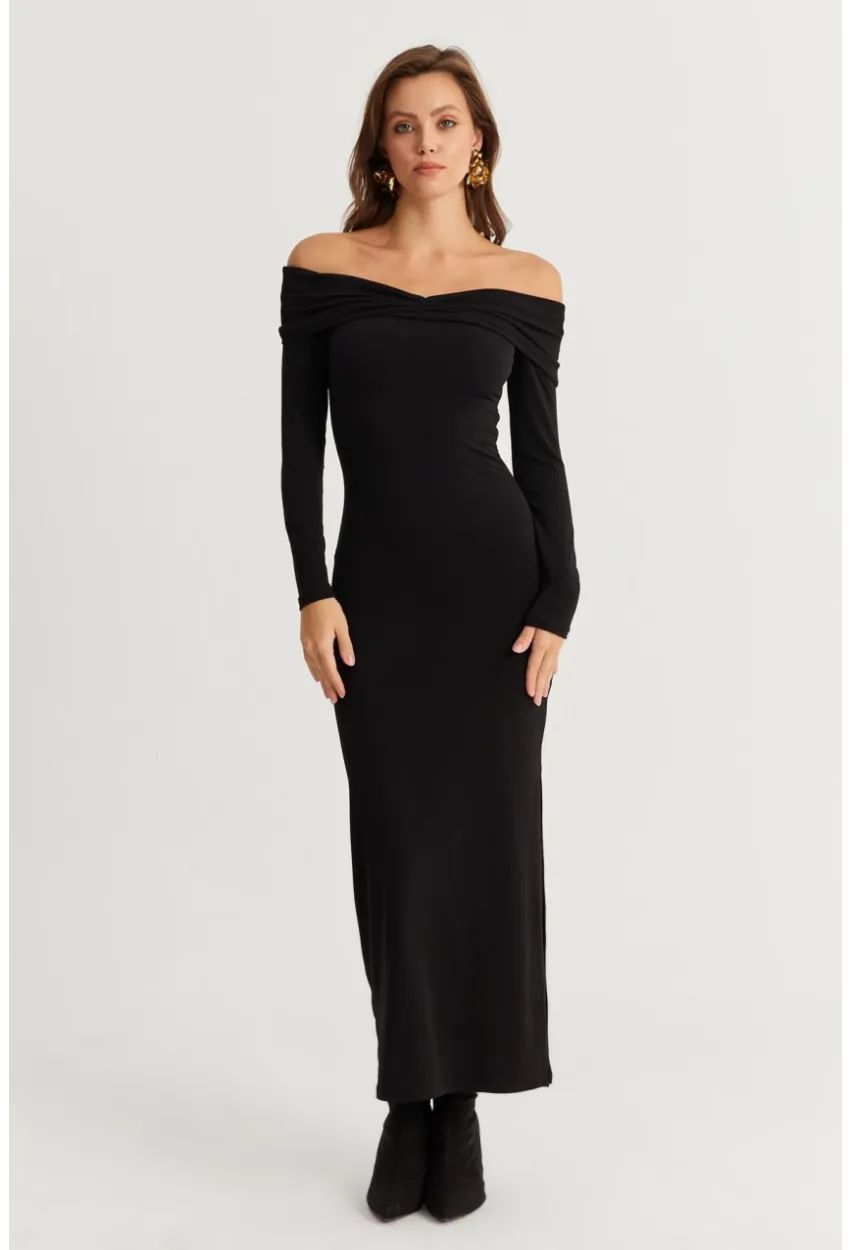 Kadın Siyah Madonna Yaka Maxi Elbise DMR391